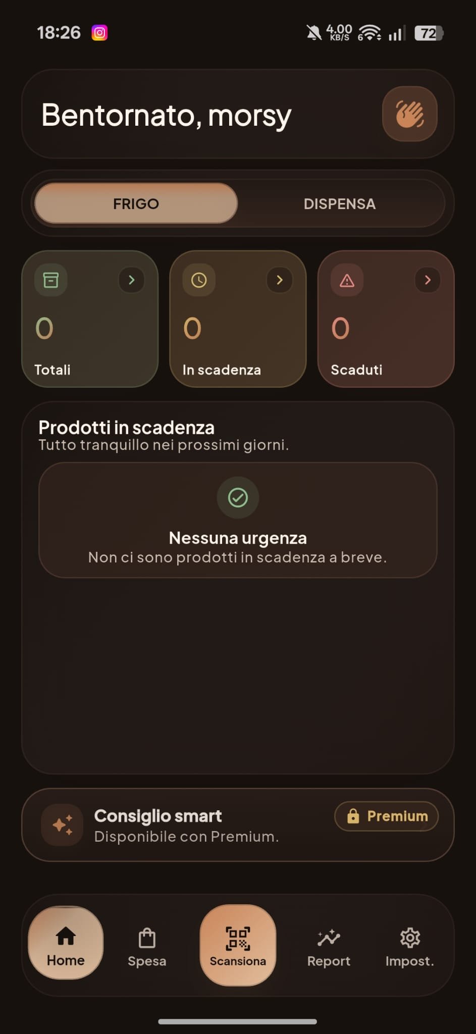 Schermata Home dell'app Morsy