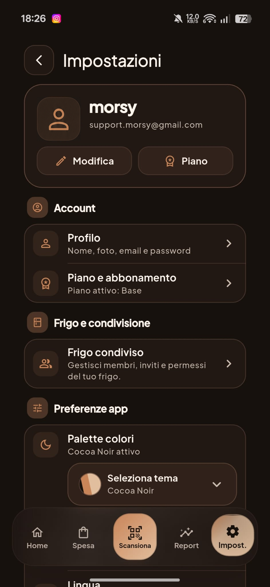 Schermata Impostazioni dell'app Morsy con icona profilo predefinita