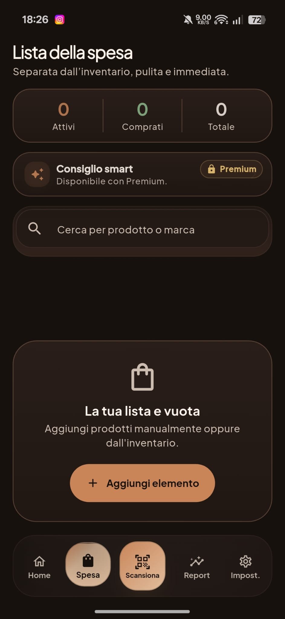 Schermata Lista della spesa dell'app Morsy